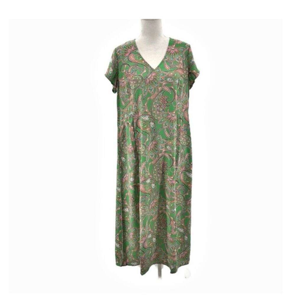 NWT J. Jill Wearever Maxi Dress Women’s XL Paisley Green Pockets V Neck Shift
